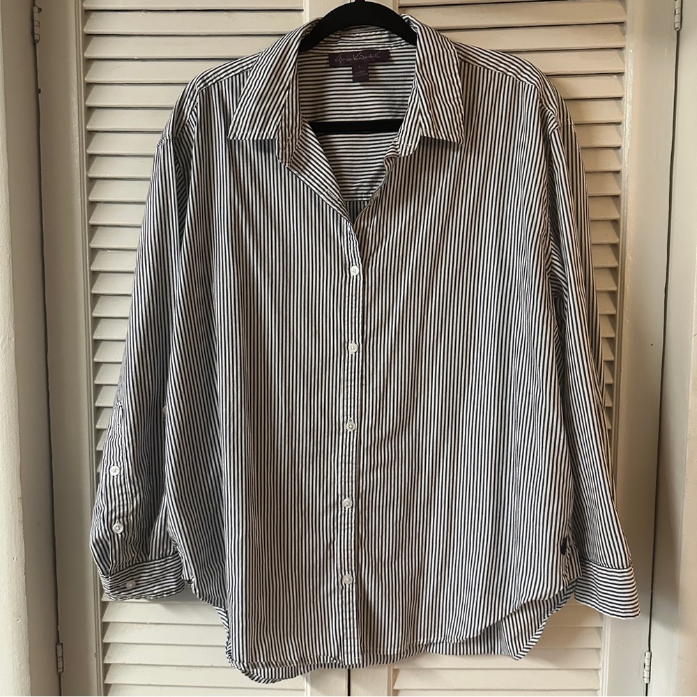 Gloria Vanderbilt | Oversized Marine Navy StripeWhite and Blue Button Down Shirt